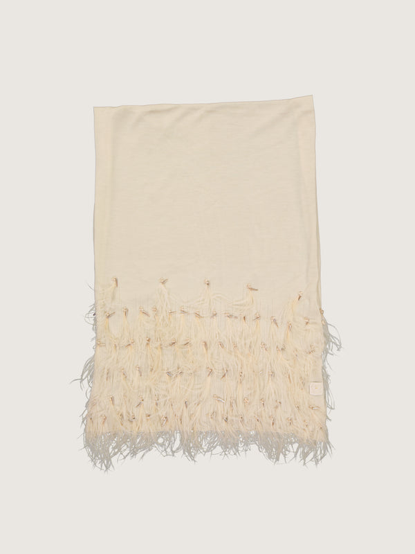 Okapi Shawl with hand beading and feather appliqué - Ecru, 100% Merino Wool