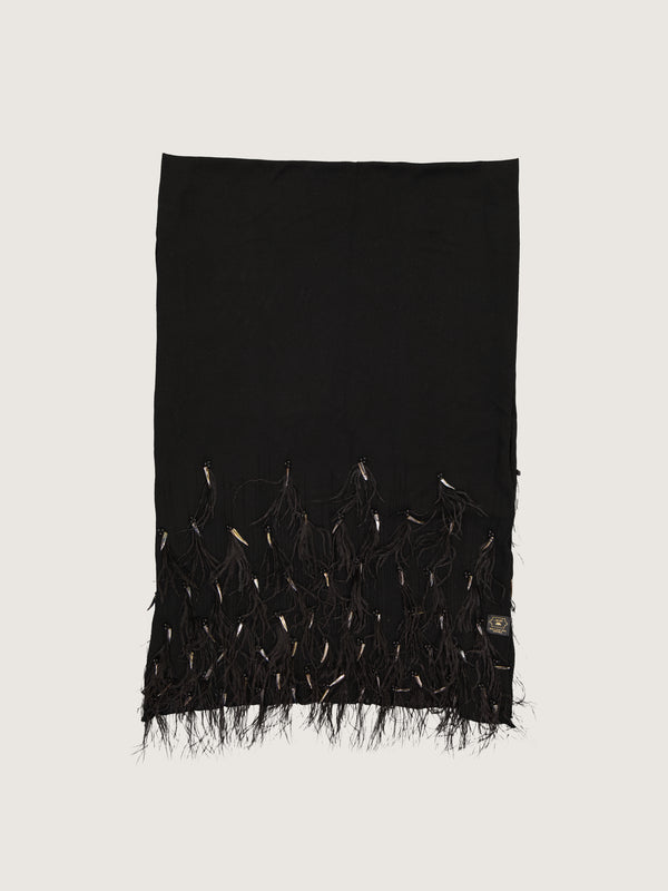 Okapi Shawl with hand beading and feather appliqué - Black, 100% Merino Wool