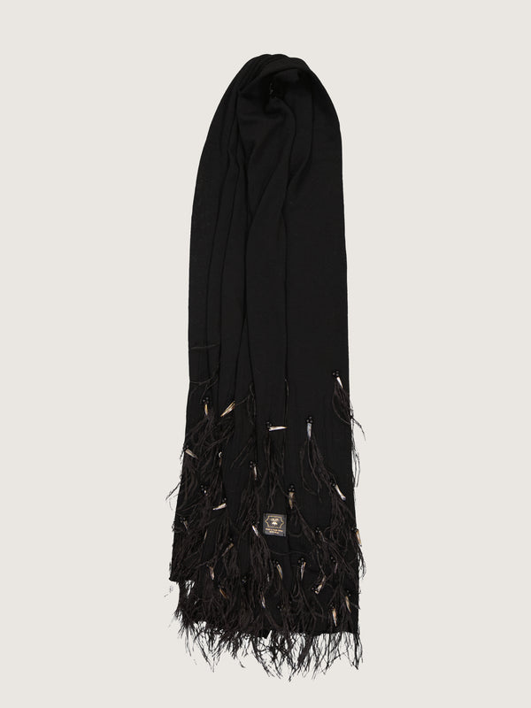 Okapi Shawl with hand beading and feather appliqué - Black, 100% Merino Wool