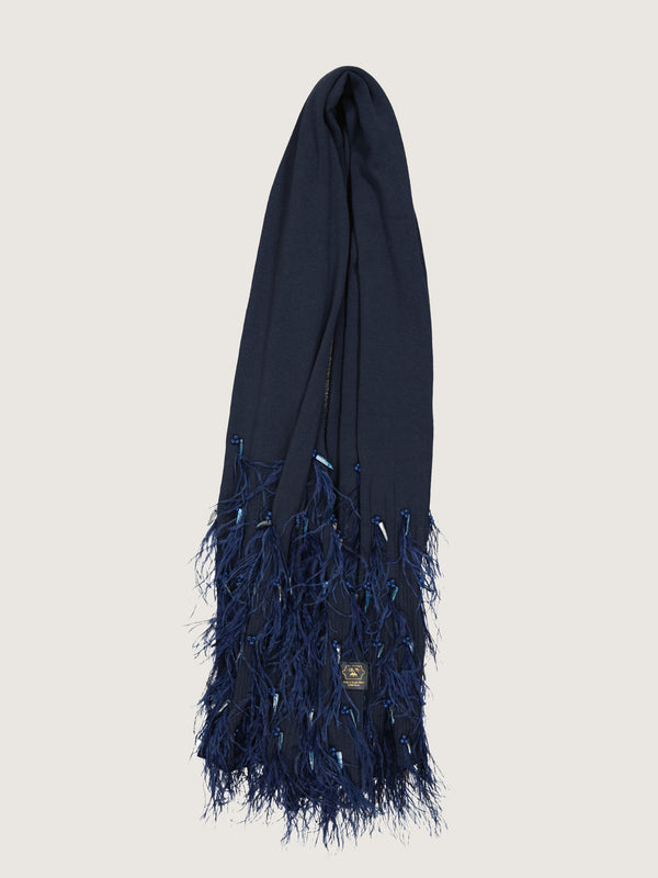 Okapi Shawl with hand beading and feather appliqué - Navy, 100% Merino Wool